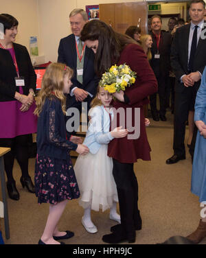 The Duchess of Cambridge gets a hug from Ypapanti Galimatakis-Rees during a visit to MIST, a child and adolescent mental health project in Torfaen in Wales. Stock Photo