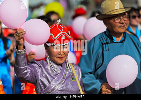 Elderly couple in a traditional deel costumes at the Mongolian National Costume Festival, Ulaanbaatar, Mongolia Stock Photo