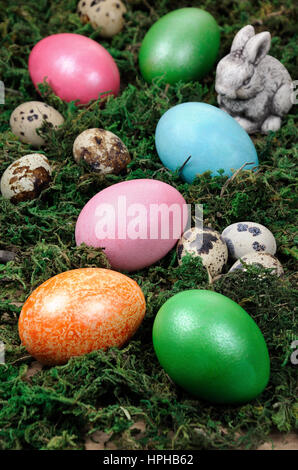 Easter colored eggs scattered on a green moss as an element of a holiday decoration ideas Stock Photo