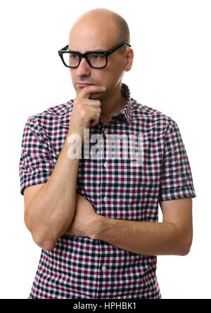 Portrait of handsome young thoughtful bald man isolated over white background Stock Photo