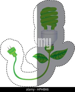 dark green sticker silhouette with spiral fluorescent lamp with leaves and plug Stock Vector