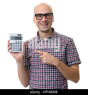 happy man holding calculator isolated on white background Stock Photo