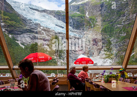 Brevasshytta Cafe, in background Boyabreen Glacier, is part of the Jostedalsbreen Glacier ( the largest European continental glacier), Sogndal valley, Stock Photo