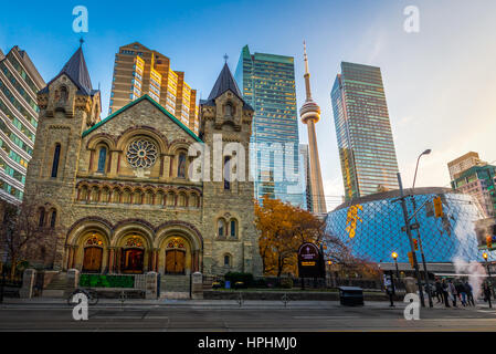 Panoramic view of St Andrew's Presbyterian Church and CN Tower - Toronto, Ontario, Canada Stock Photo