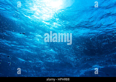 underwater deep blue sea background looking into the sun from the ocean bottom Stock Photo