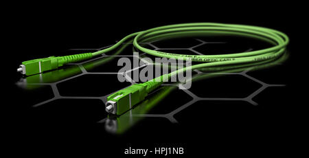 3D illustration of a green fiber optic patch cord over black background. Broadband network equipment Stock Photo