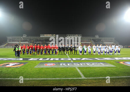 February 16, 2017: Astra Giurgiu and Genk teams at the begining of the UEFA Europa League 2016-2017, Group E game between FC Astra Giurgiu (ROU) and Genk (BEL) at Marin Anastasovici Stadium, Giurgiu,  Romania ROU. Foto: Cronos/Cristian Stavri Stock Photo