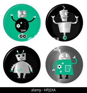 12162846 - happy robots friends badges. vector cartoon illustration. Stock Photo