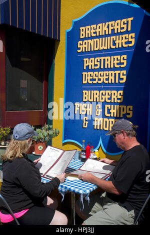 Outdoor dining at Whale City Bakery Bar and Grill located in Davenport, California, USA. Stock Photo