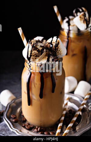 Iced coffee with toasted marshmallow and chocolate syrup Stock Photo