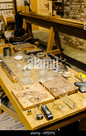 Experimental lightbulbs on a workbench in the lightbulb laboratory, Philips Museum, Eindhoven Stock Photo