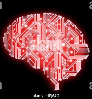 Illustration of red human brain in form of circuit board on black background Stock Photo