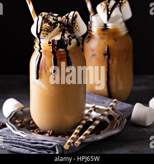 Iced coffee with toasted marshmallow and chocolate syrup Stock Photo