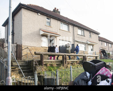 A sofa is removed from the home of EuroMillions draw winner and mother of four Beverley Doran, 37, from Shipley, West Yorkshire, who scooped a £14,509,500 jackpot prize on last Friday's (17 Feb 2017) EuroMillions draw. Stock Photo