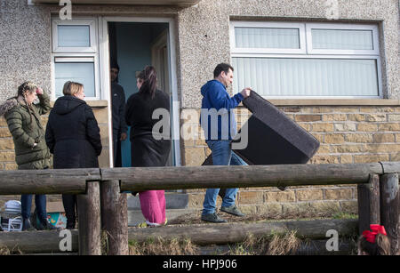Belongings are removed from the home of EuroMillions draw winner and mother of four Beverley Doran, 37, from Shipley, West Yorkshire, who scooped a £14,509,500 jackpot prize on last Friday's (17 Feb 2017) EuroMillions draw. Stock Photo