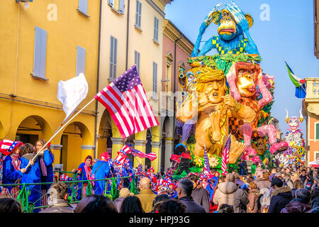 Cento, Italy, 19 feb 2017: Carnival of Cento a satirical parade float shows Donald Trump as Tarzan between monkeys Stock Photo