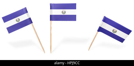 Small cocktail flags of El Salvador in different positions isolated on white.(series) . Also easy to use as a design element :) Stock Photo