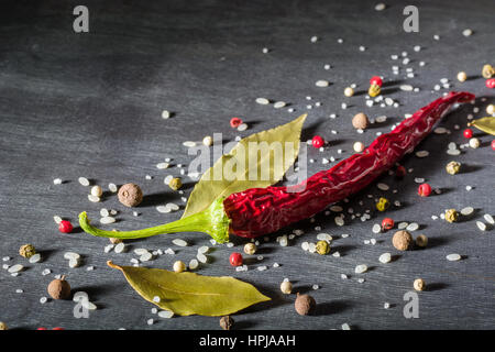 Red pepper pungent spices and bay leaf on the black tree. View from above. Space for text. Stock Photo