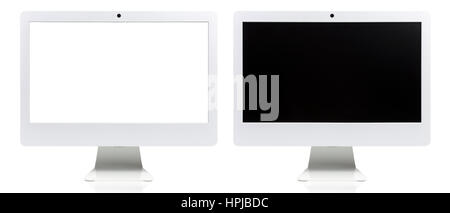 A front shot of a all in one monoblock personal computer. Modern and stylish. Not apple but looks close to iMac. With white screen Stock Photo