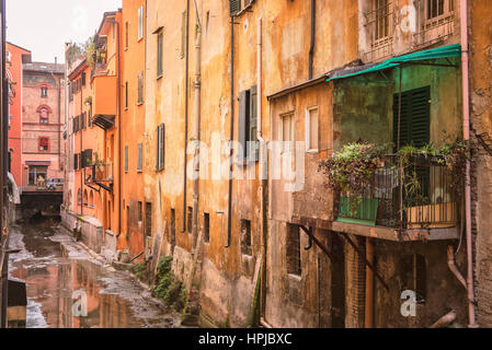 BOLOGA, ITALY - FEBRUARY 08, 2017. The hidden canal in an old Bologna neighbourhood. Stock Photo