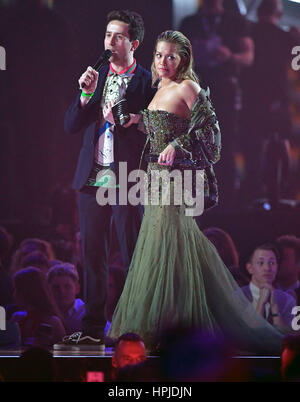 Nick Grimshaw and Rita Ora on stage at the Brit Awards at the O2 Arena, London. Stock Photo