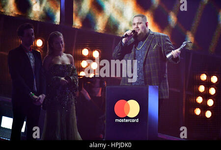 Rag'n'Bone Man aka Rory Graham with his best British Breakthrough award on stage at the Brit Awards at the O2 Arena, London. Stock Photo