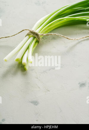 A bunch of green spring onions tied with a rope on a light stone background. Space for text. View from above.