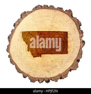 A slice of oak and the shape of Montana branded onto .(series) Stock Photo