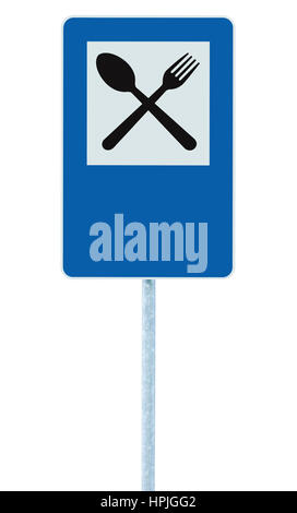 Restaurant sign on post pole, traffic road roadsign, blue isolated dinner bar catering fork spoon signage and blank empty copy space Stock Photo