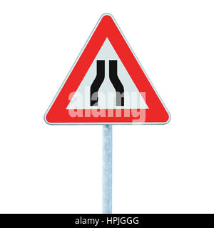 Road narrows ahead sign on pole post, vertical isolated closeup Stock Photo