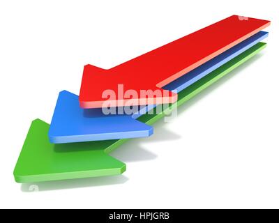 Three arrows, showing one direction toward. 3D render illustration isolated on white background Stock Photo