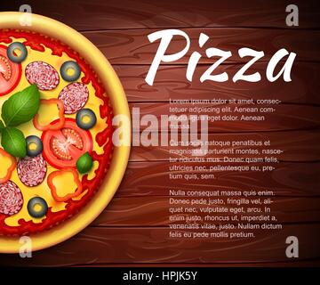 realistic Pizza recipe or menu vector background. Pizza with tomatoes and pepperoni on wooden table with copy space aside Stock Vector