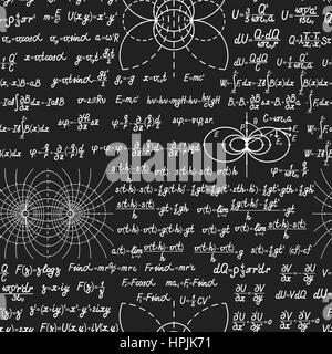 Physical vector seamless pattern with formulas, equations and figures, handwritten on a blackboard seamless design Stock Vector