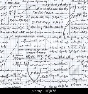Mathematical vector seamless pattern background with formulas, equations and figures, handwritten in a notebook Stock Vector