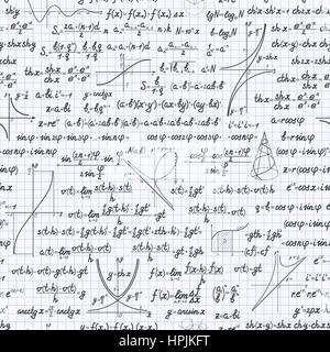 Mathematical vector seamless pattern background with formulas, equations and figures, handwritten in a squared notebook Stock Vector