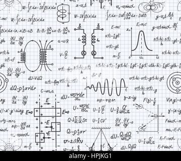 Physical vector seamless pattern with formulas, equations and figures, handwritten on a squared sheet of notebook Stock Vector