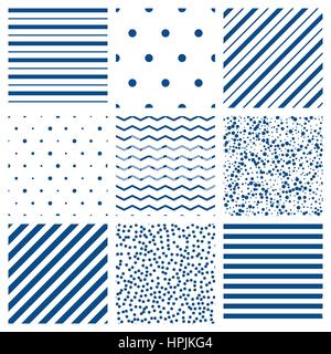 Seamless pattern vector set. Abstract geometric seamless background set. Patterns with circles, lines and polka dots blue ornament Stock Vector