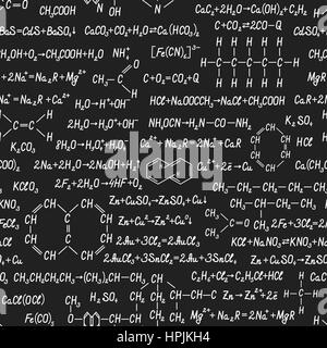 Chemistry vector seamless pattern with formulas, equations and figures, handwritten on a blackboard seamless design Stock Vector
