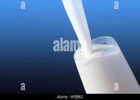 Milk splash in the glass on blue background Stock Photo