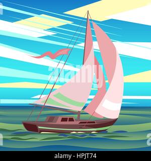 Stylized sea landscape with sailboat floating on the waves. Stock Vector