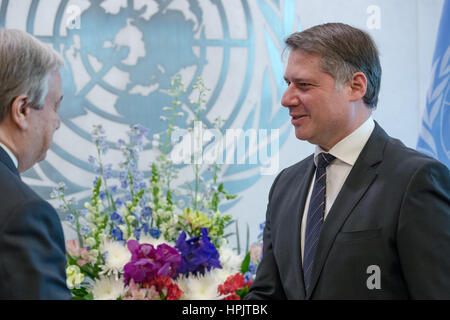 New York, USA. 22nd Feb, 2017. Kornelios Korneliou, the new Permanent Representative to the United Nations for the Republic of Cyprus, presented his credentials to UN Secretary-General Antonio Guterres at a ceremony in the Executive Suite of UN Headquarters. Credit: Albin Lohr-Jones/Pacific Press/Alamy Live News Stock Photo