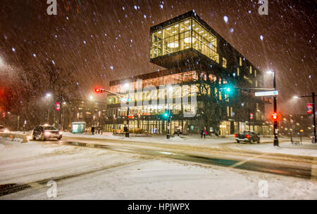 HALIFAX, NS, CANADA - The new Halifax Central Library building in winter snow at night with beautiful city lights Stock Photo