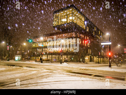 HALIFAX, NS, CANADA - The new Halifax Central Library building in winter snow at night with beautiful city lights Stock Photo