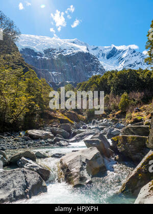 Glacial river flowing through mountains, Rob Roy Glacier, Mount Aspiring National Park, Otago, Southland, New Zealand