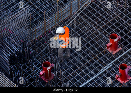 Construction workers processing reinforcing steel for reinforced concrete ceiling, Bavaria, Germany Stock Photo