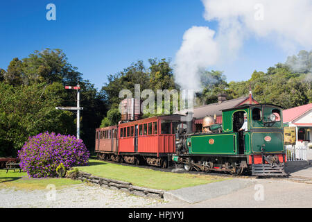 Greymouth, West Coast, New Zealand. Historic steam train at Shantytown, recreation of a 19th century gold-mining settlement. Stock Photo