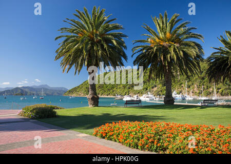 Picton, Marlborough, New Zealand. View from gardens to the palm-lined waterfront of Picton Harbour and distant hills of the Marlborough Sounds. Stock Photo