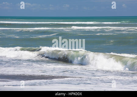 Hokitika, West Coast, New Zealand. Powerful waves from the Tasman Sea breaking on beach. Stock Photo