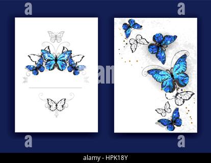 Design brochure with blue butterflies morpho on a white background. Morpho. Design with blue butterflies morpho. Stock Vector