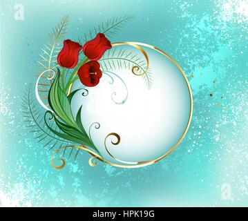 Golden round banner with the red fresh tulips on turquoise textural background. Design with red tulips. Stock Vector